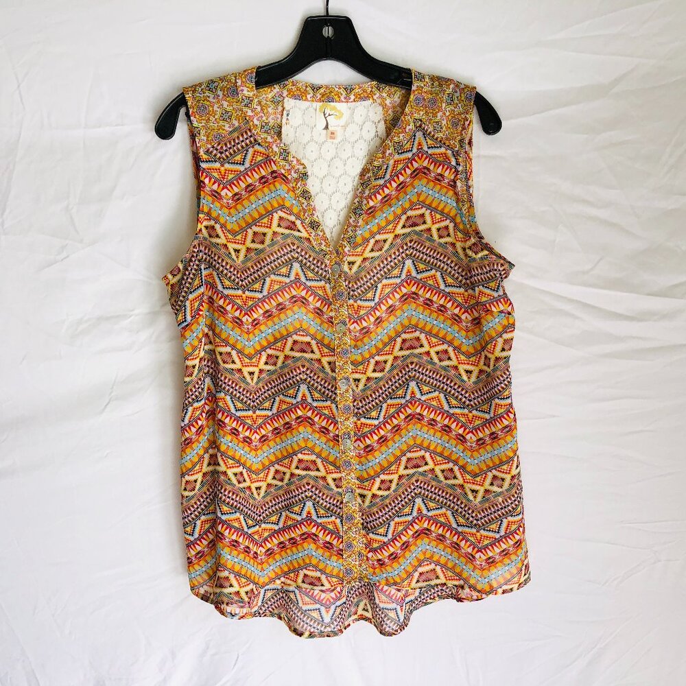 Fig and Flower Anthropologie Women's Medium Sleeveless Aztec Button Up Blouse To